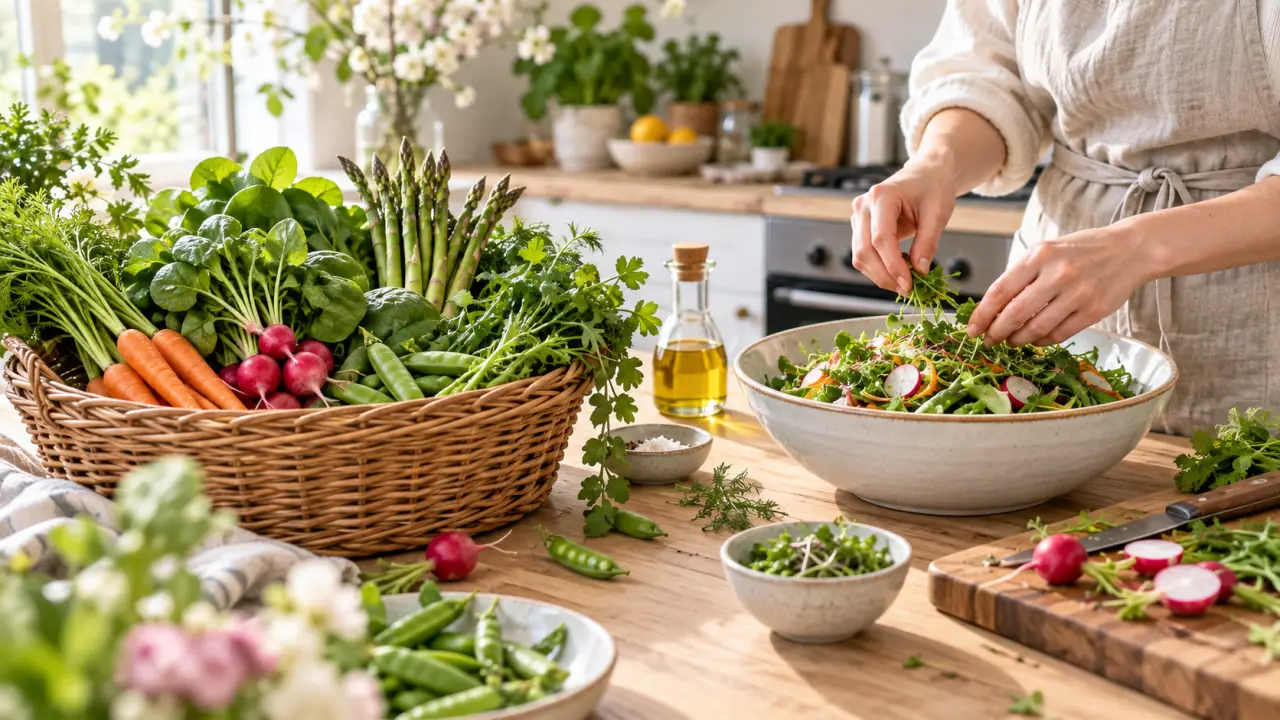 Panier de légumes de mars avec jeunes pousses, herbes fraîches et radis