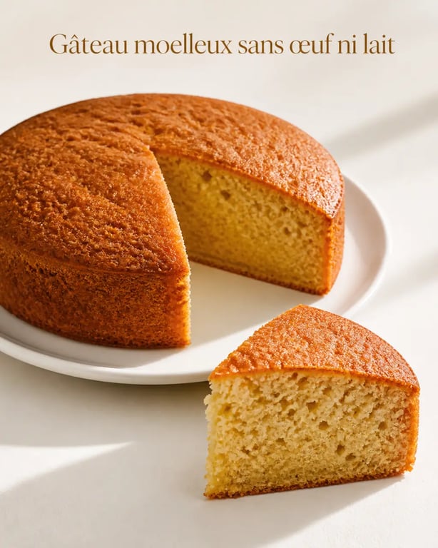 Gâteau sans oeuf sans lait moelleux et doré, présenté sur assiette blanche