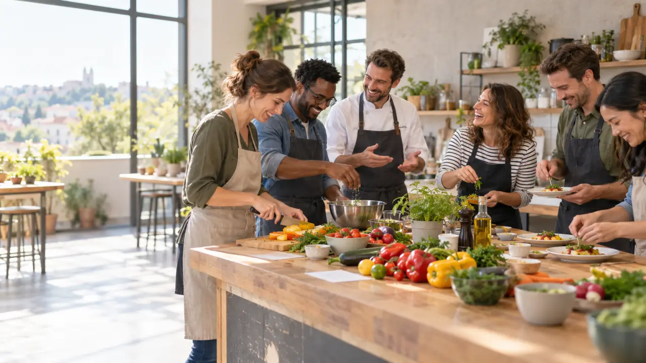 Équipe réunie autour d'un atelier de cuisine convivial