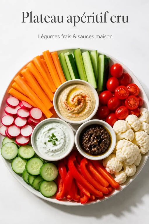 Légumes en apéro sauce sur un plateau de crudités coloré avec trois dips maison