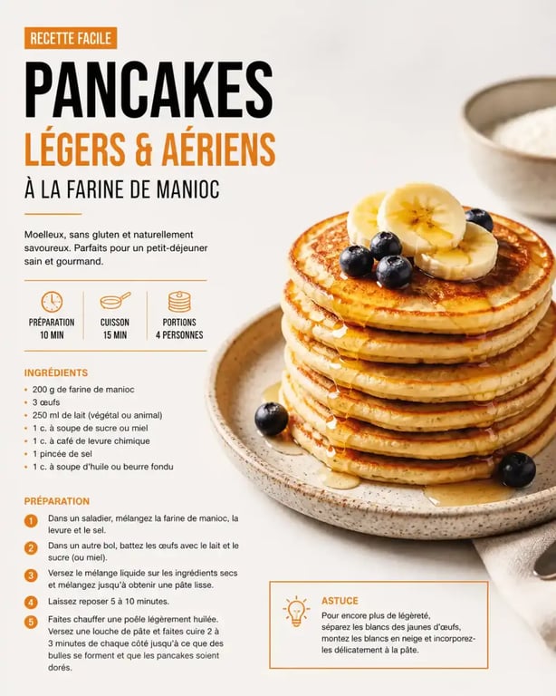 Pancakes légers et aériens recette farine de manioc