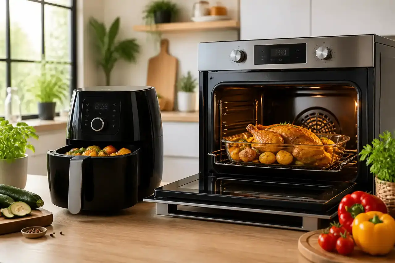 Air fryer et four traditionnel dans une cuisine chaleureuse