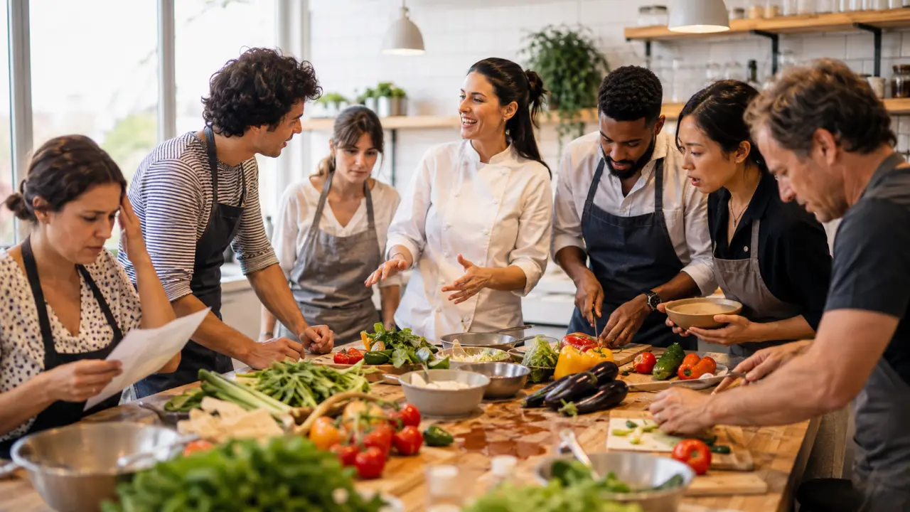 Groupe d'amis cuisinant ensemble dans une cuisine lumineuse et conviviale