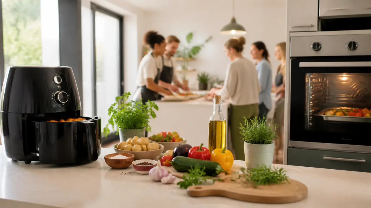 Comparatif entre un air fryer et un four traditionnel dans une cuisine lumineuse