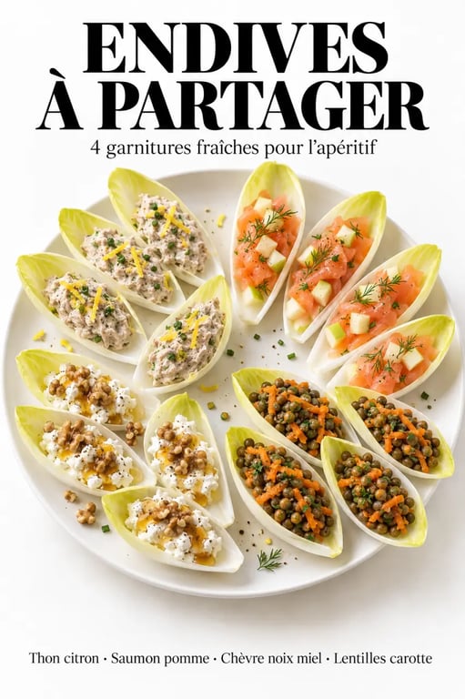 Feuilles endive apéritif garnies de thon, saumon, chèvre et lentilles