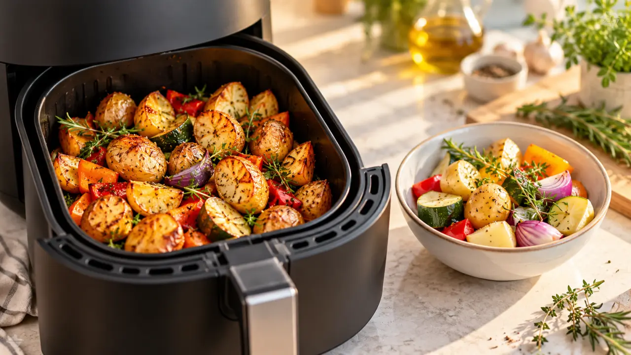 Petite portion de légumes et pommes de terre dorés dans un air fryer