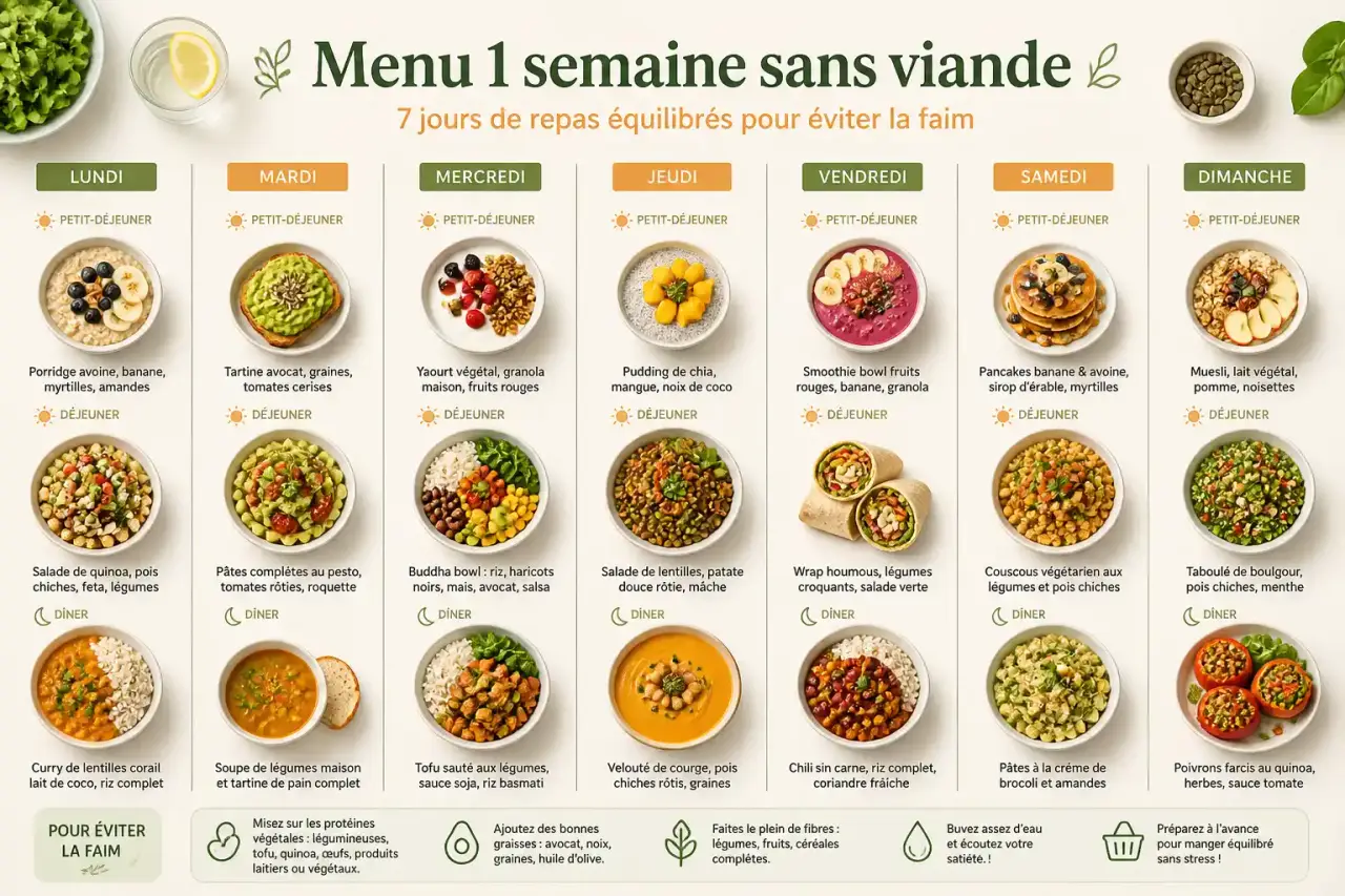 Menu 1 semaine sans viande : 7 jours de repas équilibrés pour éviter la faim