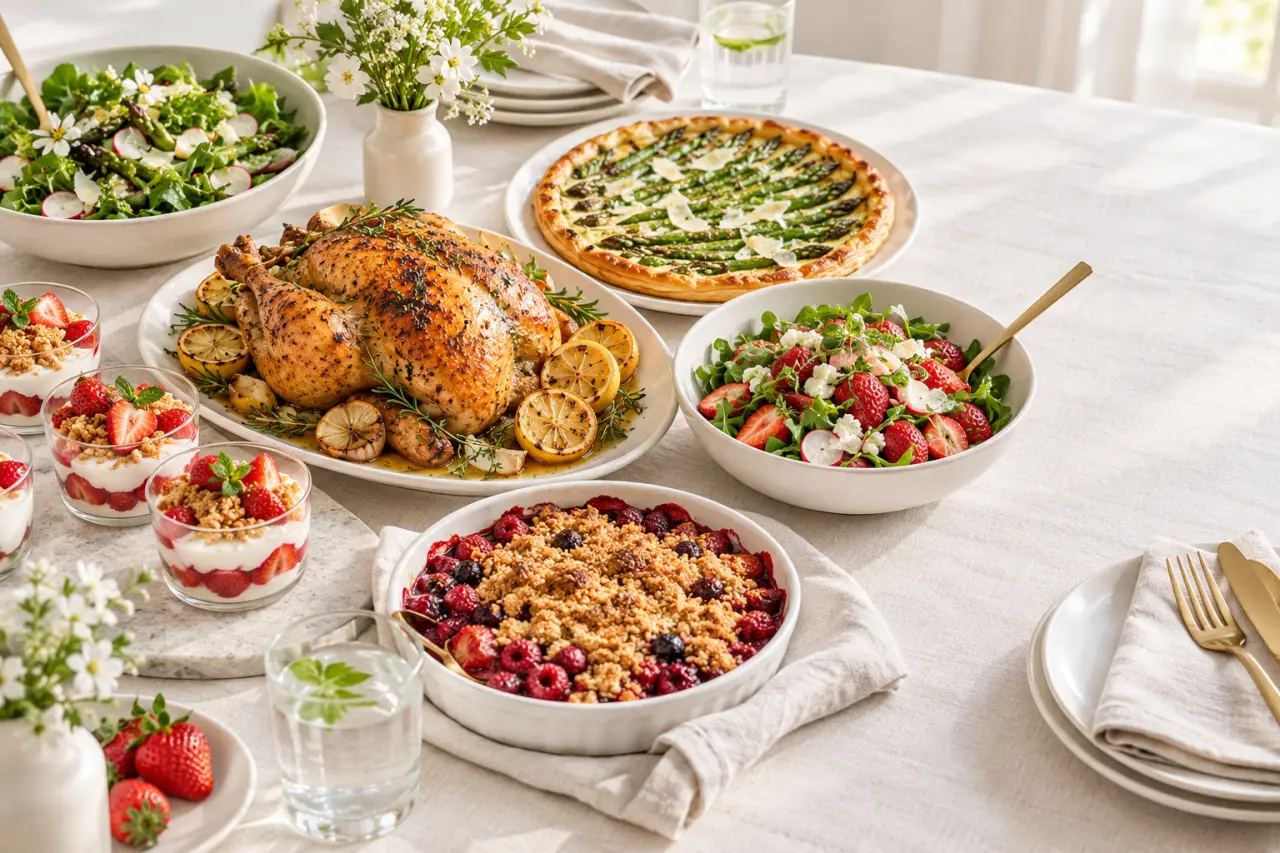 Idées de repas pour la fête des mères présentées sur une table familiale printanière