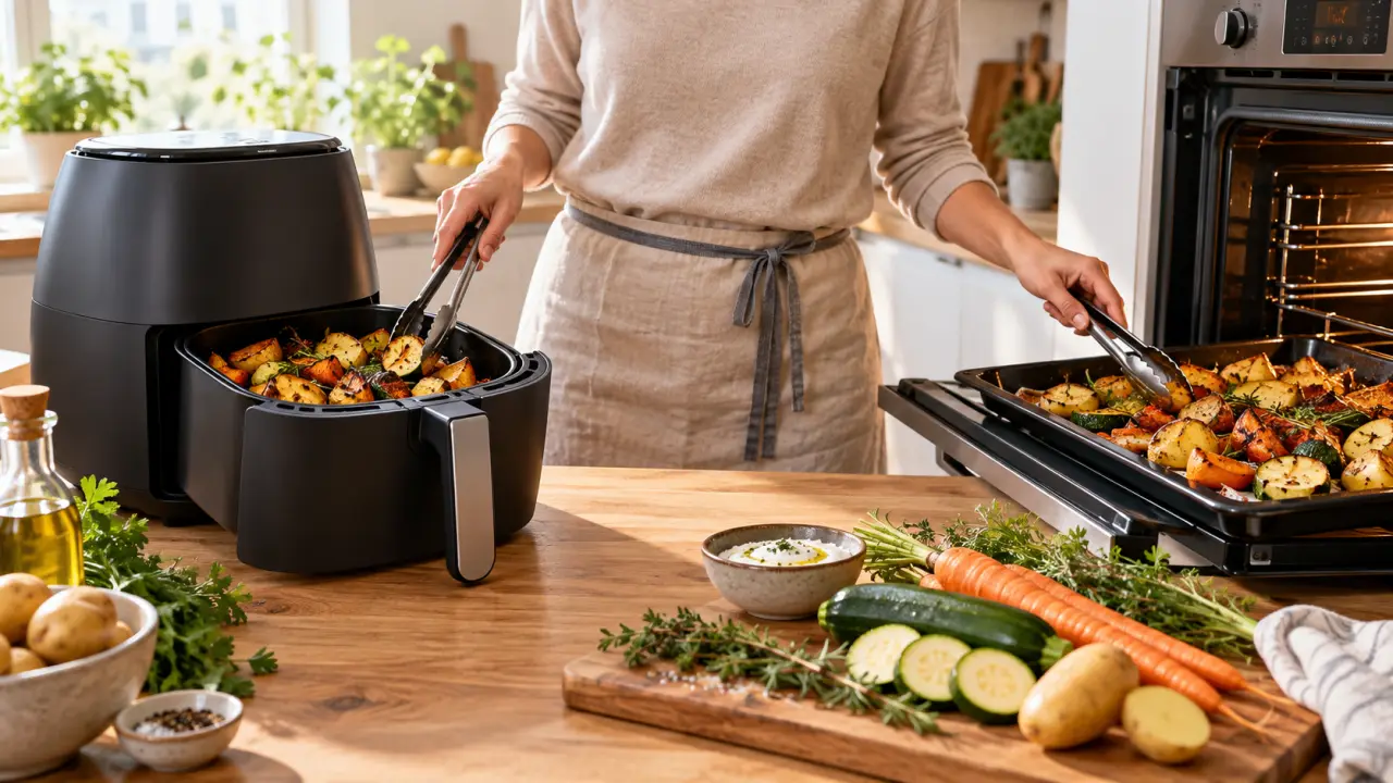 Air fryer posé sur un plan de travail aux côtés d'un four traditionnel et d'ingrédients frais