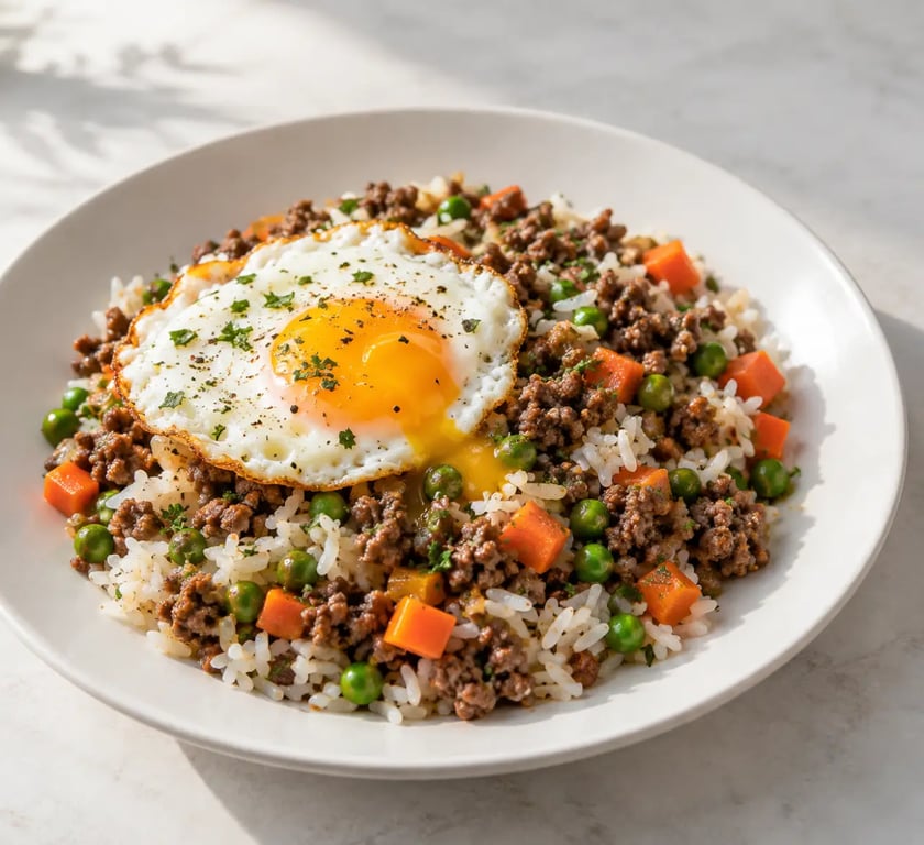 Idées repas avec steak haché : poêlée de riz, légumes et œuf