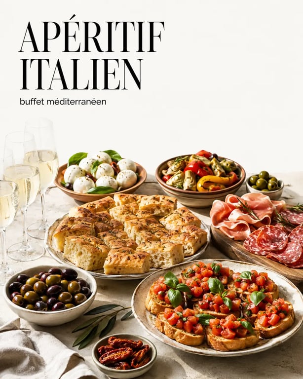 Apero italienne avec focaccia, bruschette, mozzarella et charcuterie fine sur buffet convivial