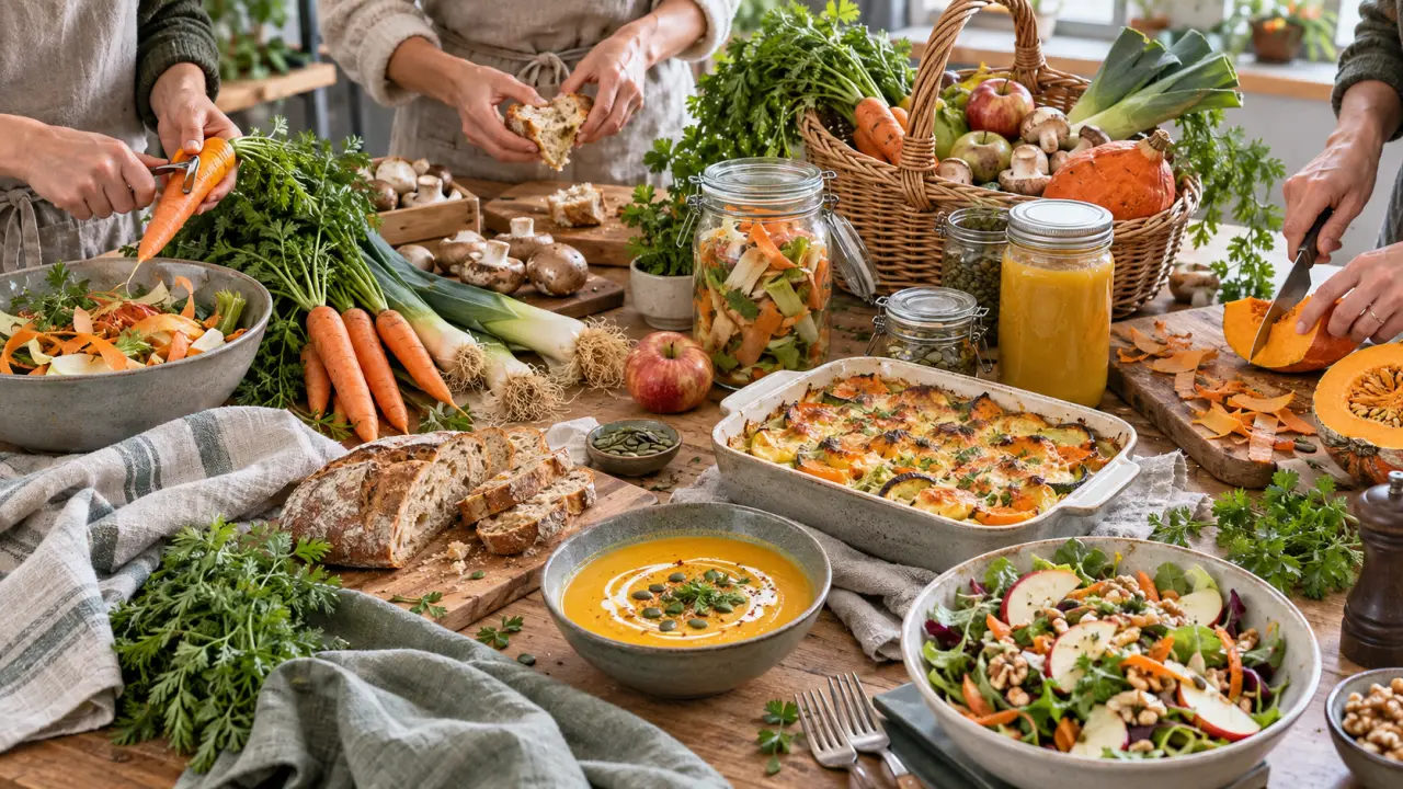 Légumes de saison et plats faits maison préparés dans une cuisine chaleureuse