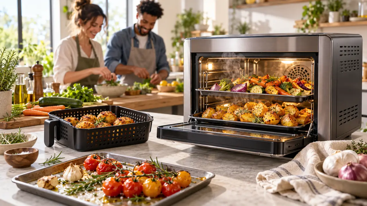 Air fryer posé sur un plan de travail avec des légumes rôtis et des ustensiles de cuisine