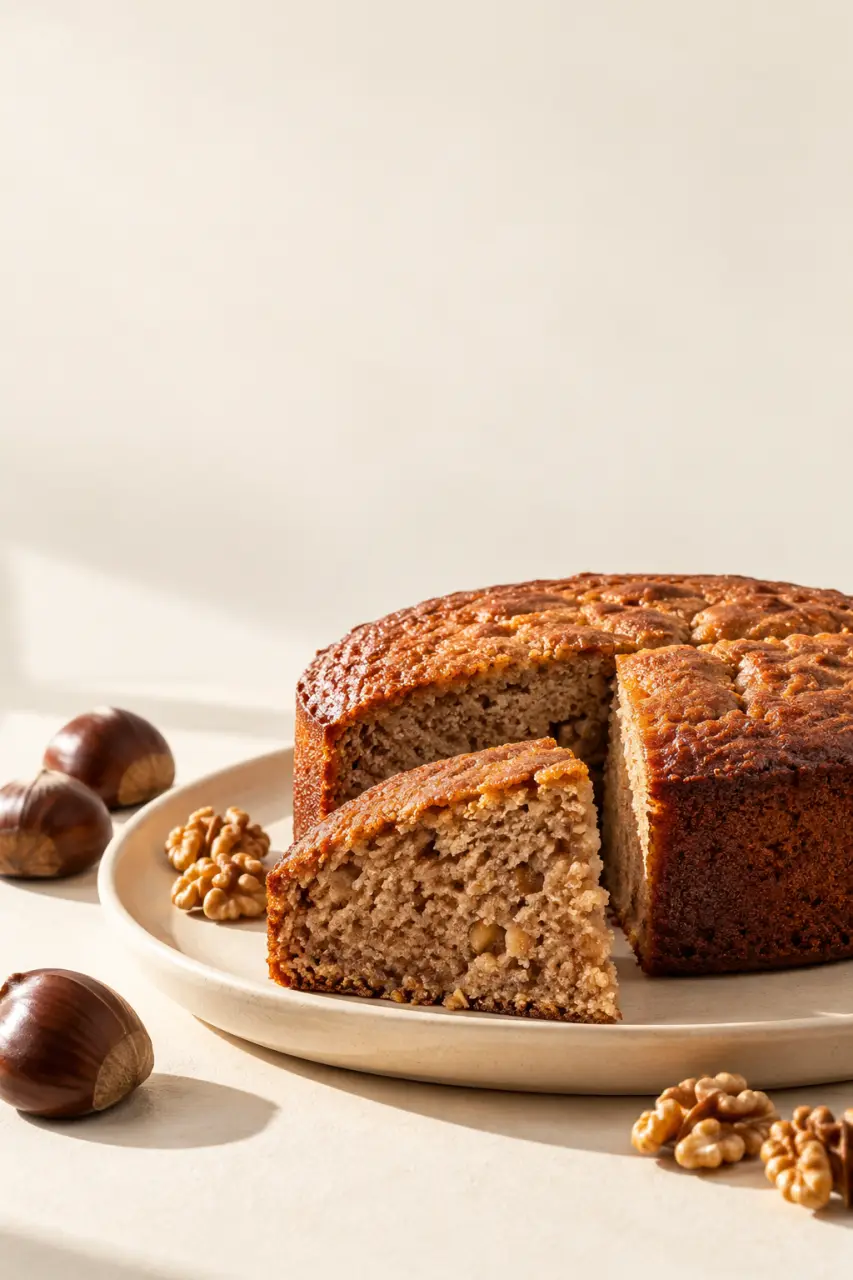 Recette de farine de châtaignes : gâteau moelleux découpé sur une assiette