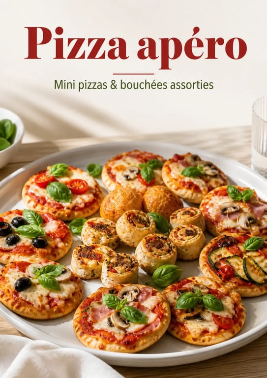 Pizza apéro en assortiment de mini pizzas et bouchées sur un grand plat