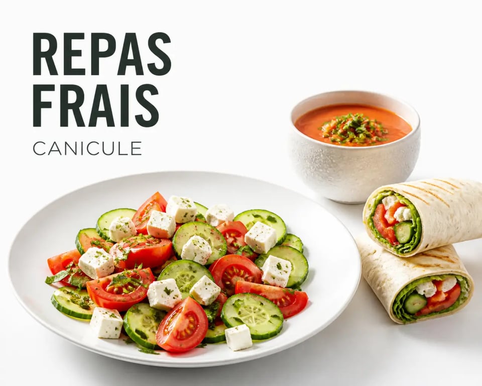 Idée repas canicule en photo culinaire d’un déjeuner froid avec salade composée, gaspacho et wrap