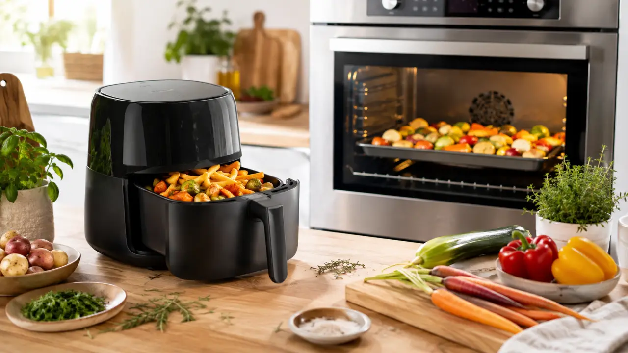 Comparaison entre un air fryer et un four traditionnel dans une cuisine lumineuse