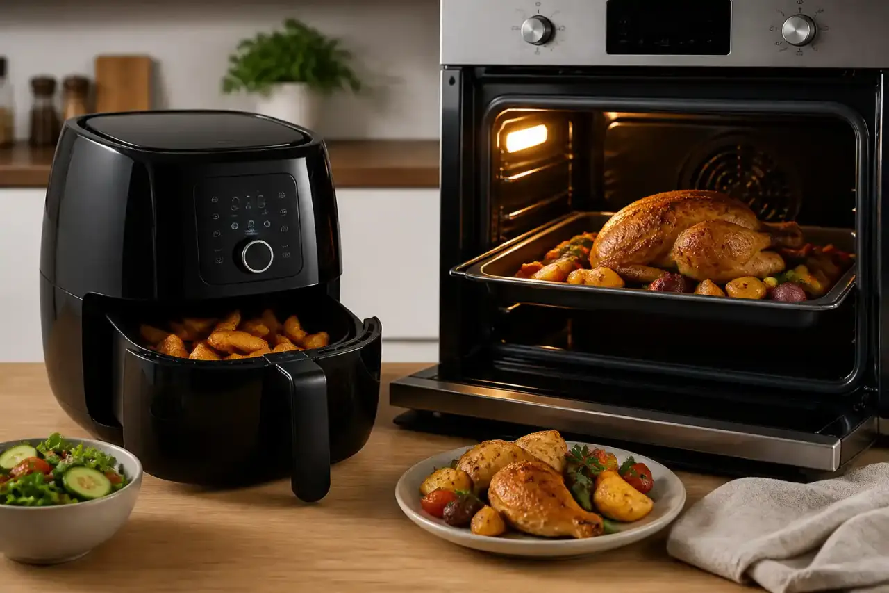 Comparaison visuelle entre un air fryer moderne et un four traditionnel dans une cuisine chaleureuse