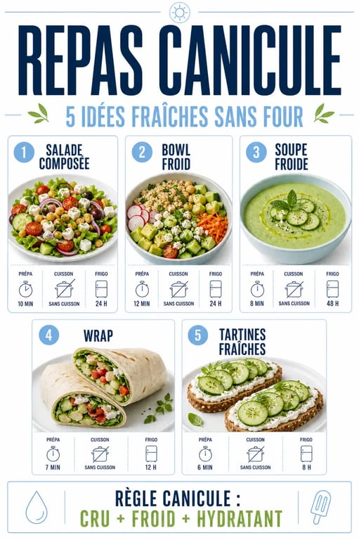 Idée repas canicule sous forme de tableau visuel avec salade, bowl, soupe froide et wrap