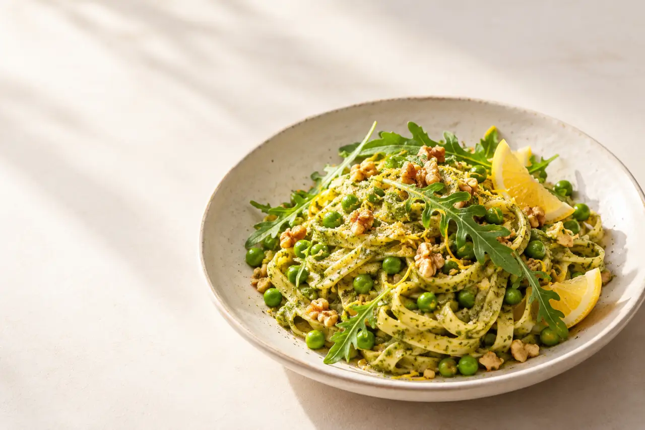 Pâtes végétariennes au pesto, petits pois et citron dans une assiette