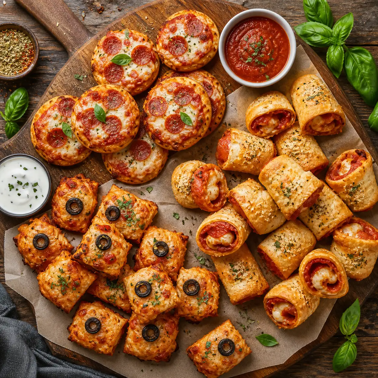 Pizza apéro croustillante : mini rondes, rolls et bouchées sans pâte molle