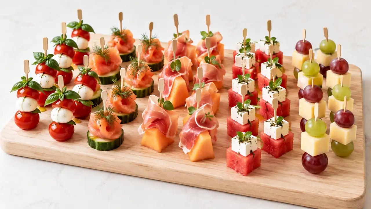 Brochette froide apéritif : plateau varié de bouchées colorées sans cuisson