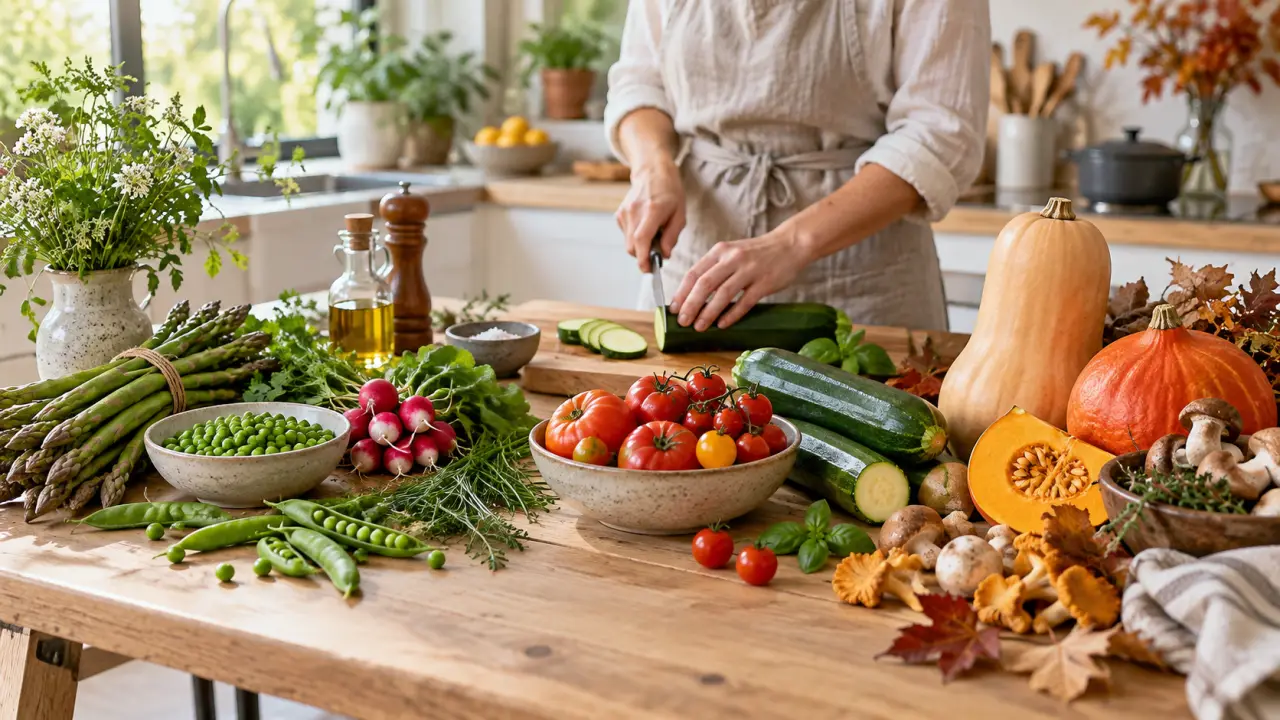 Légumes de saison, asperges et courges locales sur un plan de travail en bois