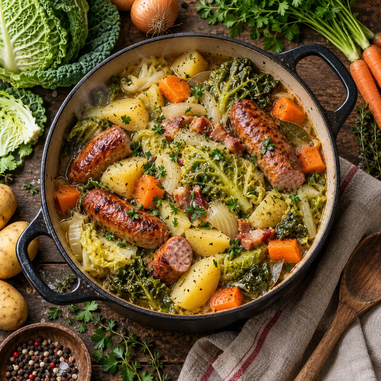 Une potée rapide en 30 minutes, avec un chou fondant et des saucisses fumées