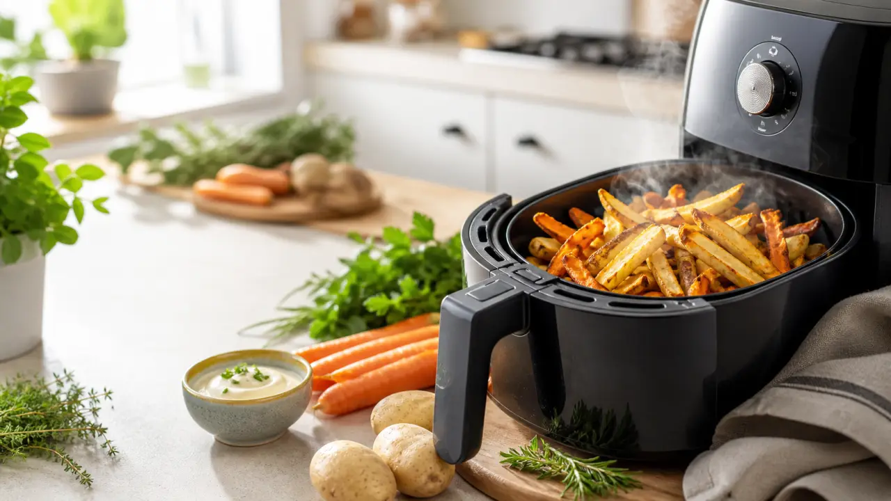 Préparation croustillante maison réalisée avec un air fryer dans une cuisine lumineuse