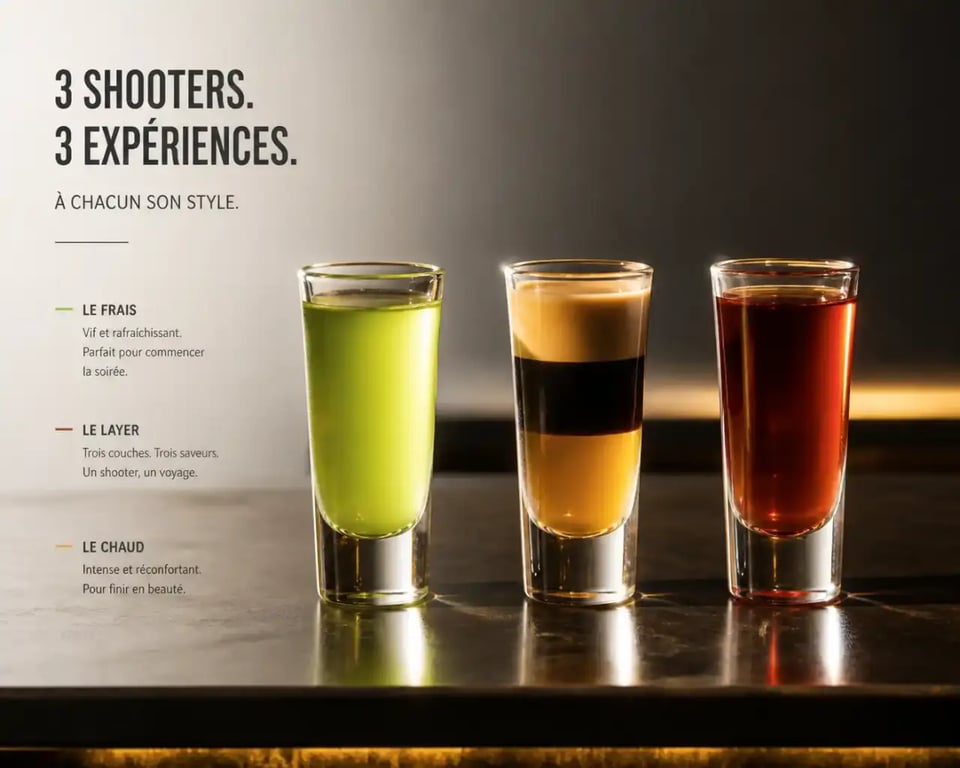 Trois shooters alcool colorés servis dans des verres étroits sur un bar