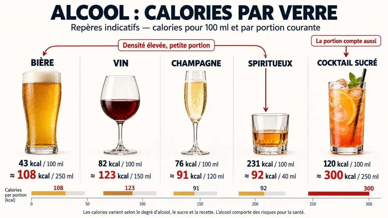 Infographie sur les calories alcool par verre selon la boisson et le volume servi