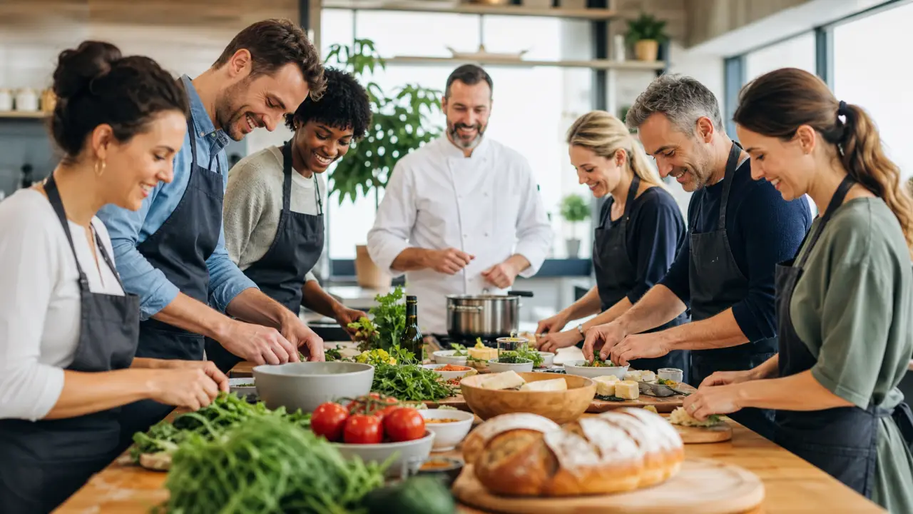 Groupe d'amis cuisinant ensemble dans une cuisine lumineuse et conviviale