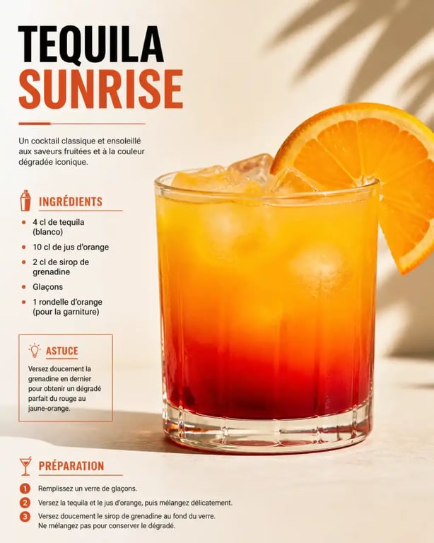 Tequila sunrise recette avec dégradé jaune-orange-rouge dans un verre tumbler