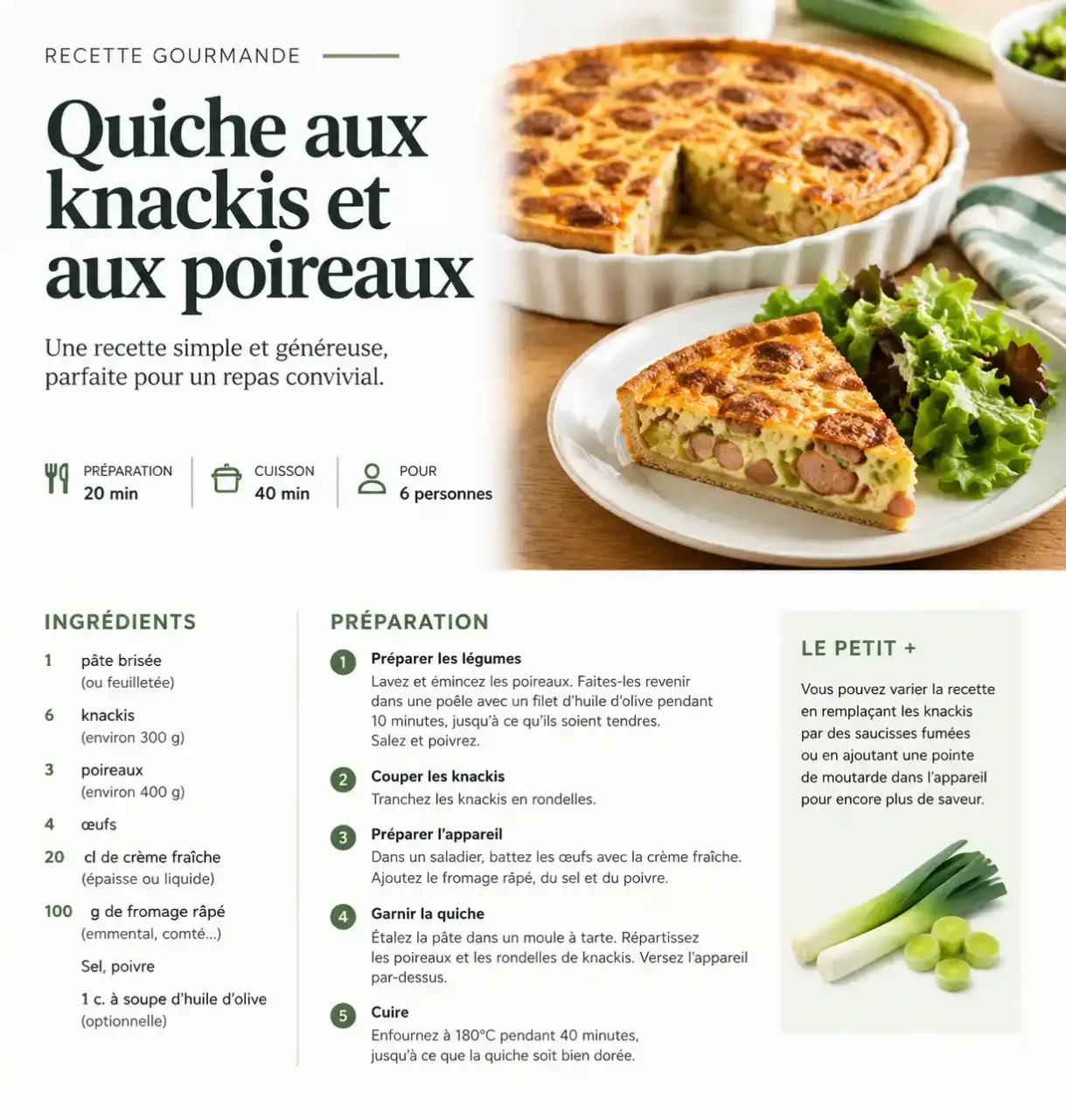 Que faire avec des knackis : quiche aux knackis et aux poireaux dorée, servie en part avec une salade verte