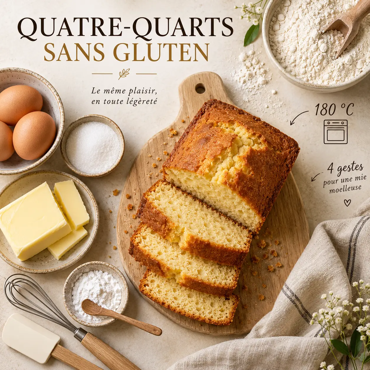 Quatre-quarts sans gluten : 180 °C et 4 gestes pour une mie moelleuse