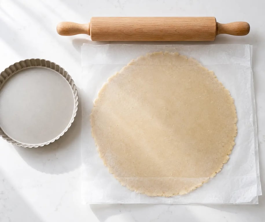 Pâte brisée sans gluten étalée entre deux feuilles de papier cuisson