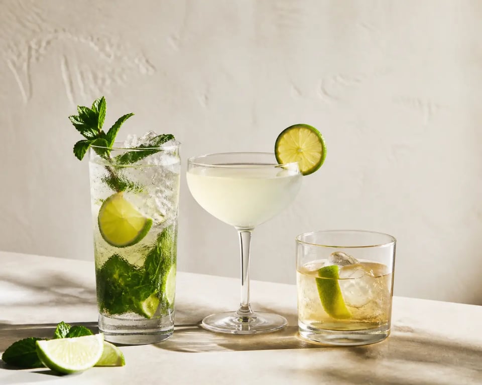 Cocktail rhum blanc : trio de cocktails classiques au rhum blanc servis sur un comptoir élégant