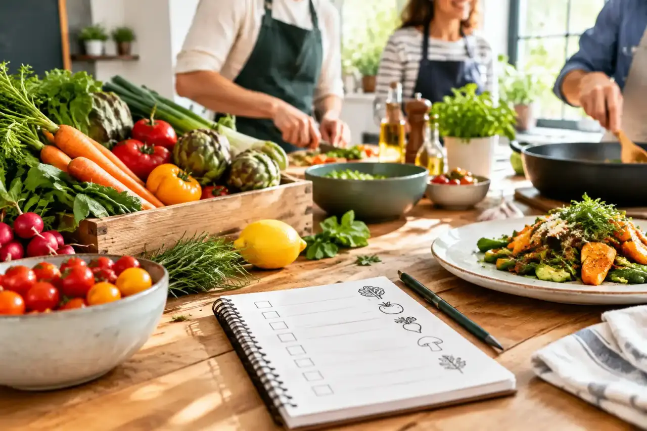 Légumes frais de saison disposés sur un plan de travail en bois