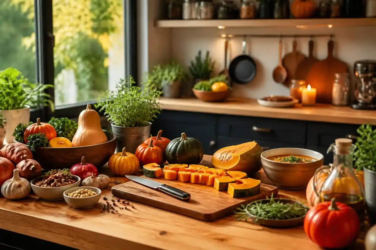 Ingrédients d'automne colorés sur une table en bois rustique