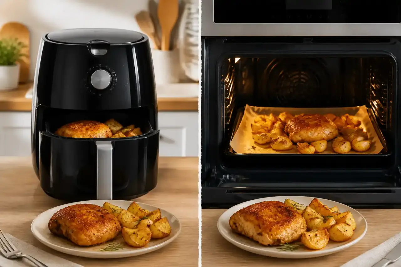 Comparatif gourmand entre air fryer et four traditionnel dans une cuisine lumineuse