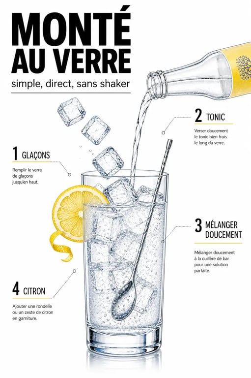 Cocktail simple : préparation directe au verre avec glaçons, tonic et garniture
