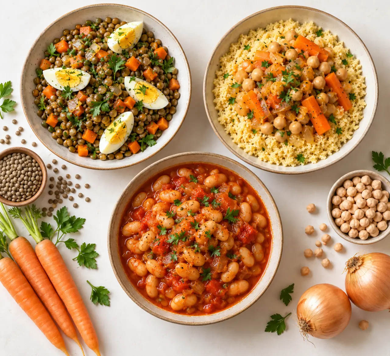 Recettes pas chères et faciles avec salade de lentilles, semoule aux pois chiches et mijoté de haricots