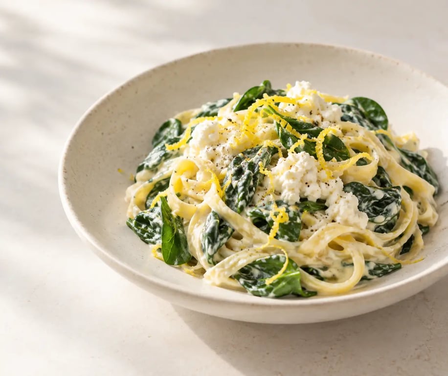 Recettes avec épinards frais : pâtes crémeuses à la ricotta et au citron