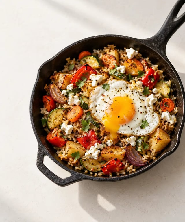 Reste frigo recette : poêlée anti-gaspi de légumes, riz, œuf et fromage