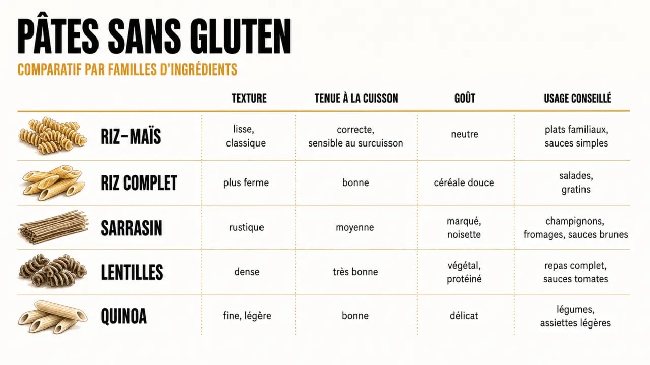 Comparatif des pâtes sans gluten : riz, maïs, sarrasin, lentilles et quinoa