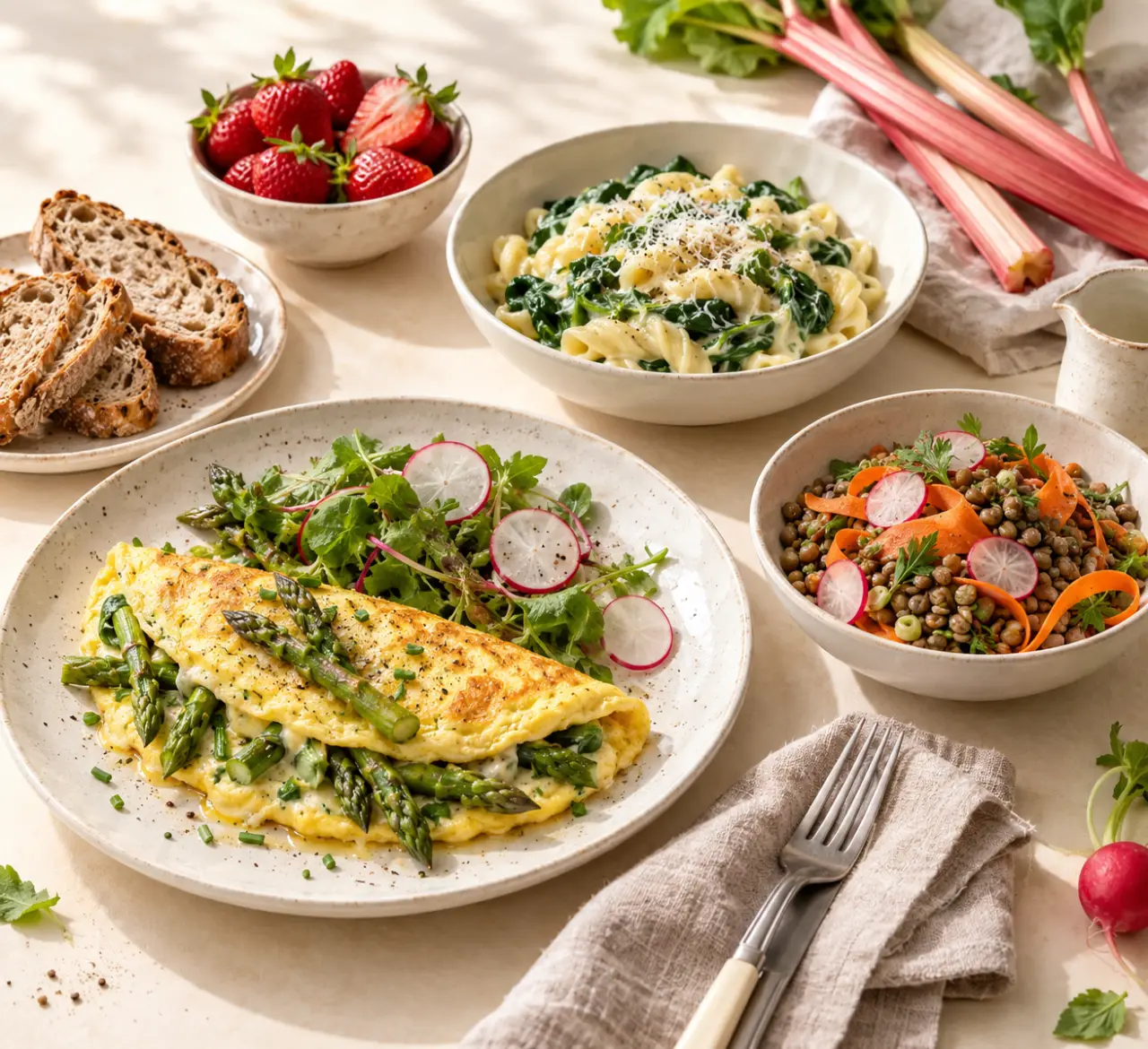 Idées repas avril avec omelette aux asperges, salade de lentilles et pâtes aux épinards