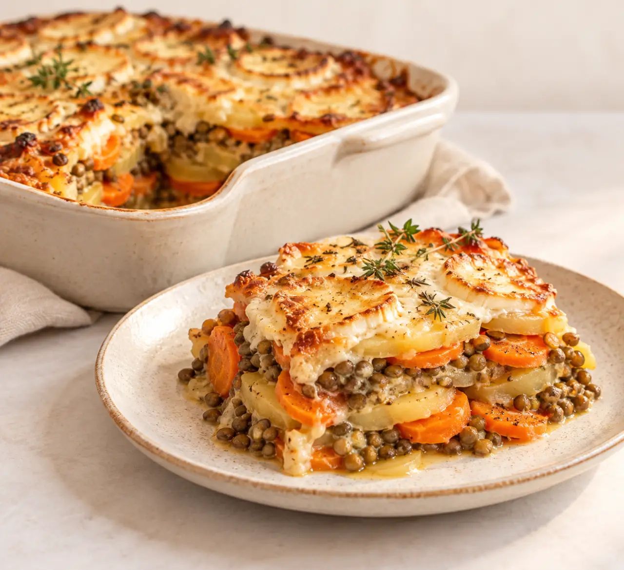 Recette carotte plat complet avec gratin de carottes, lentilles, pommes de terre et chèvre