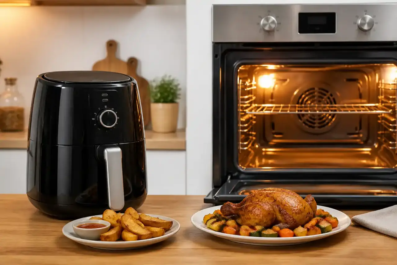 Cuisine conviviale avec des préparations maison, illustrant le choix entre air fryer et four traditionnel