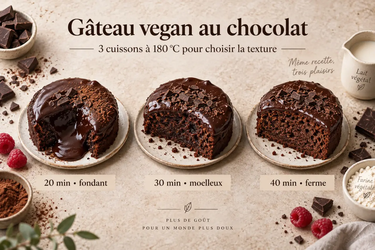 Gâteau vegan au chocolat : 3 cuissons à 180 °C pour choisir la texture