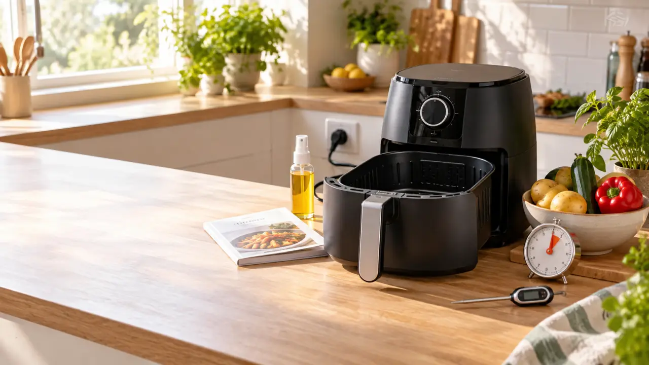 Air fryer posé sur un plan de travail avec des légumes frais et des ustensiles de cuisine